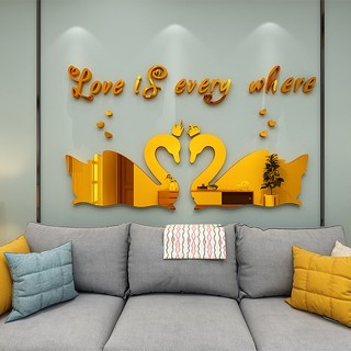 Sticker dán tường họa tiết 3d hình cặp đôi thiên nga tráng gương dùng trang trí phòng khách / phòng ngủ
