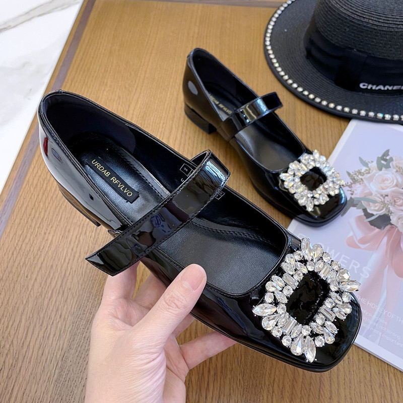 Giày búp bê đính đá cài quai dán phong cách Vintage đế thấp