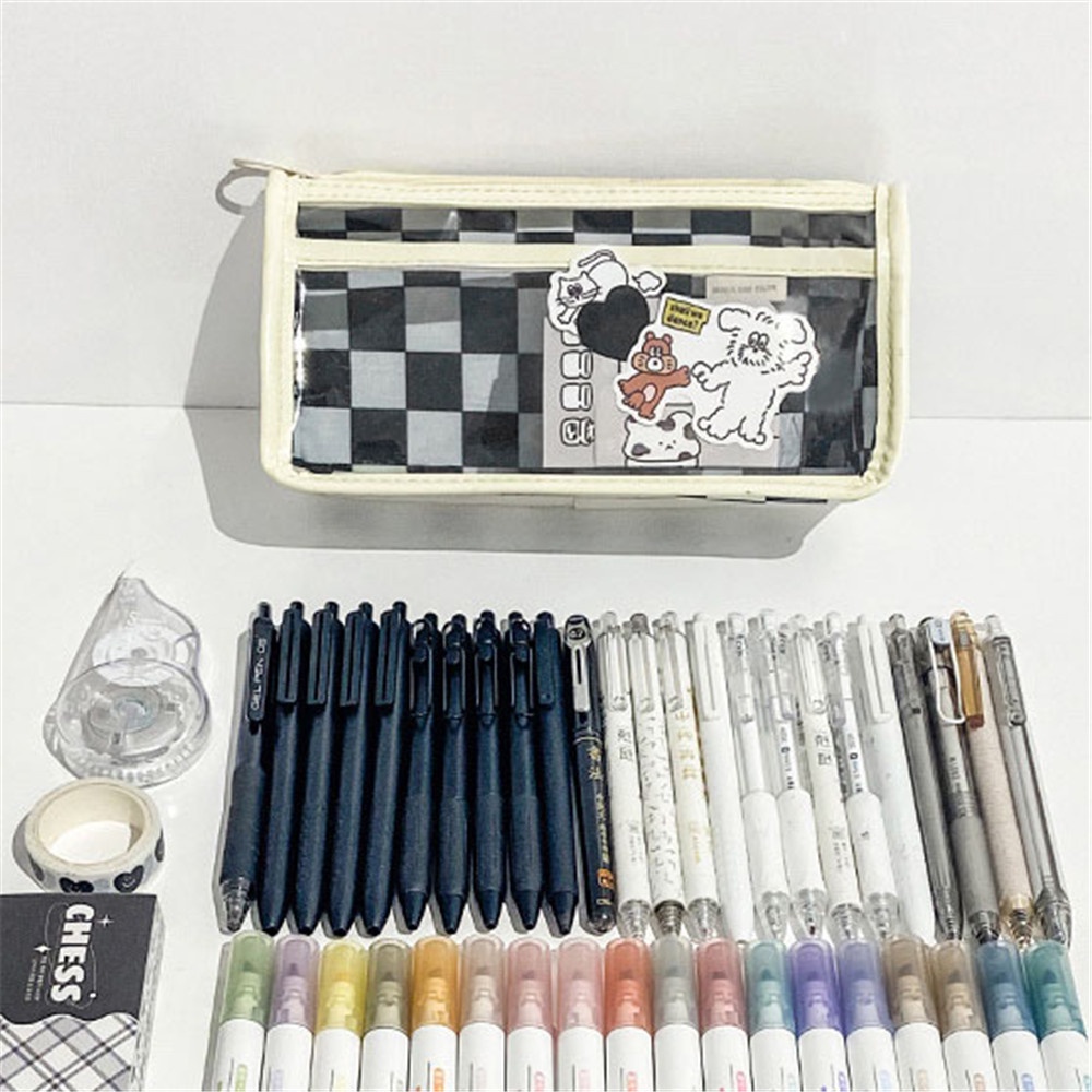 Túi Đựng Bút Họa Tiết Kẻ Ô Màu Trong Suốt Sức Chứa Lớn