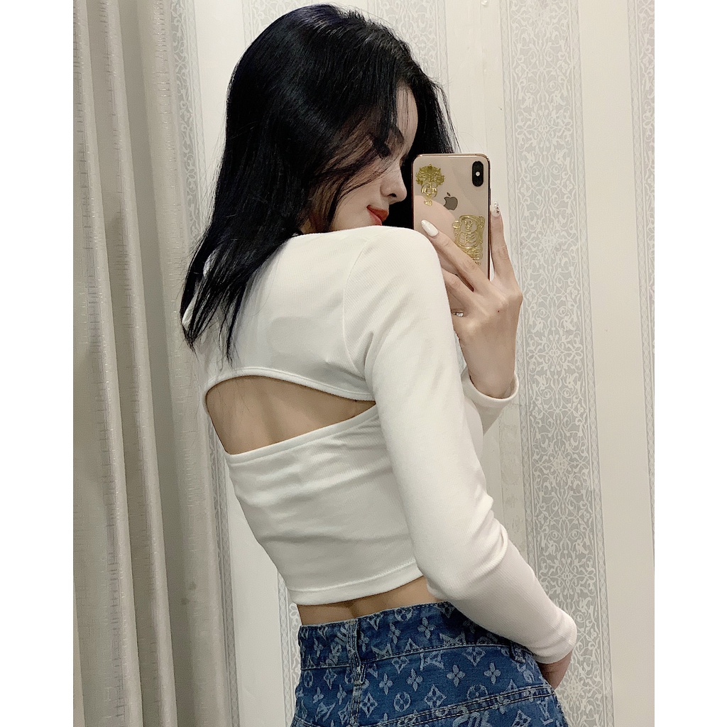 Áo croptop nữ tay dài Mugung cổ yếm hở lưng A15