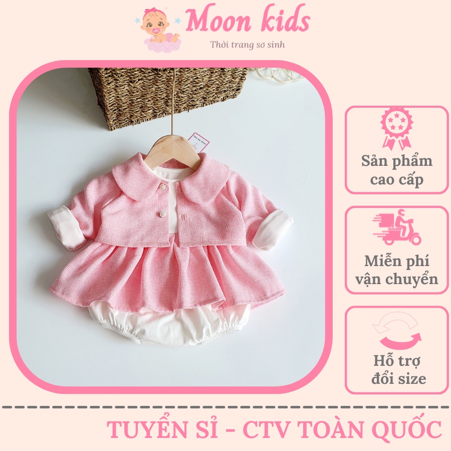 Váy Tết Cho Bé Gái Sơ Sinh MOONKIDS. Váy Bé Gái Thu Đông Kèm Áo Khoác Dạ, Đầm Đầy Tháng, Đầm Tết Bé Gái