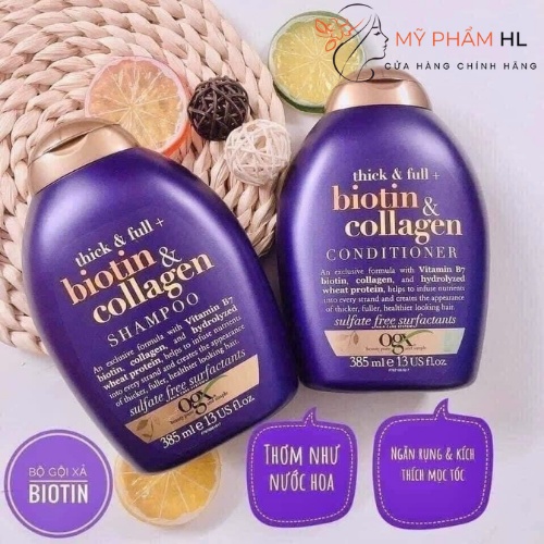 Cặp Dầu Gội Xả Biotin Collagen OGX Tím 385ml, tóc mọc dầy hơn, ngăn ngừa rụng tóc, myphamhanhluan