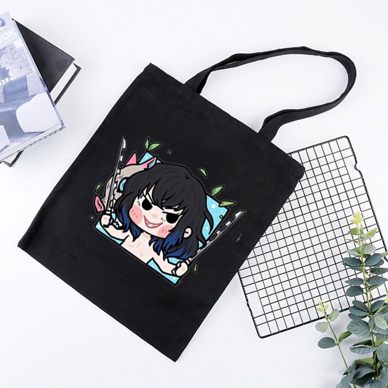 Túi tote vải đen trắng in hình KIMETSU NO YAIBA Thanh Gươm Diệt Quỷ ver CHIBI VUÔNG anime chibi tiện lợi thời trang