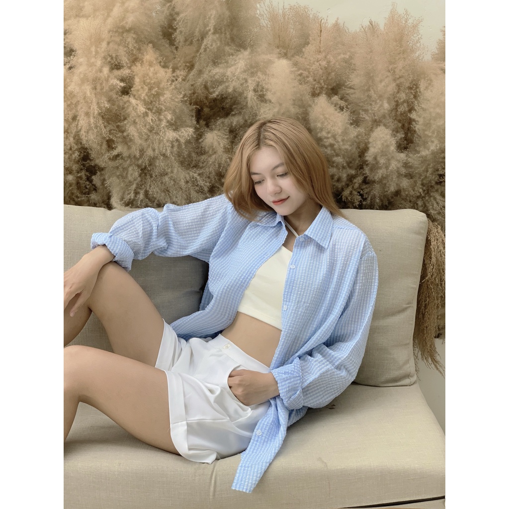 Áo Sơ Mi Nữ Kẻ Đuôi Tôm Kẻ Xốp Trơn Vải Xốp - Ao somi dài Tay dáng Thụng - AAG99 - SM003
