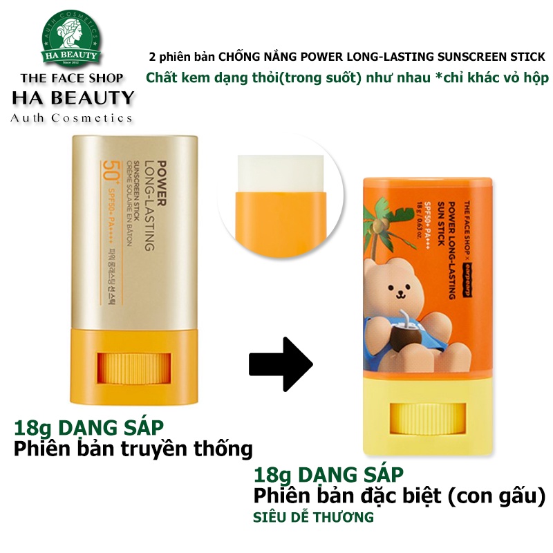 Sáp chống nắng dưỡng da The Face Shop dạng lăn Power Long Lasting Sunscreen Stick SPF50+ PA+++ 18g