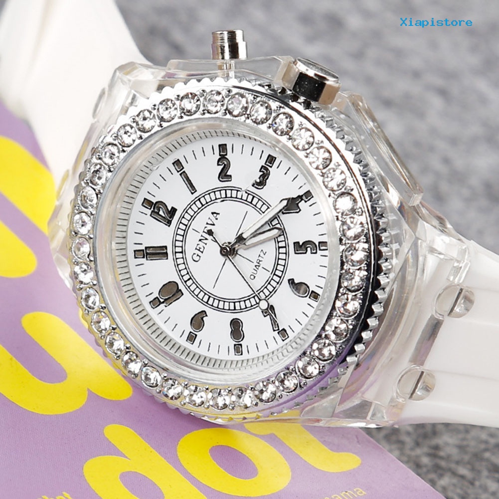 Xi-xiapistore Đồng Hồ Đeo Tay Số Ả Rập Mặt Tròn Dát Đá Có Đèn Nền LED Nền