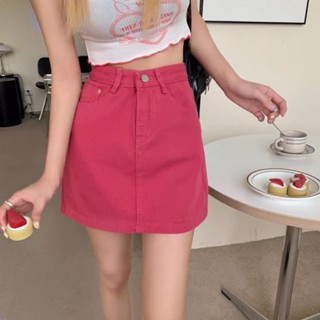  Chân váy chữ A ngắn lưng cạp cao màu hồng đậm chất liệu kaki jean bò không có lót trong phong cách Hàn Quốc 