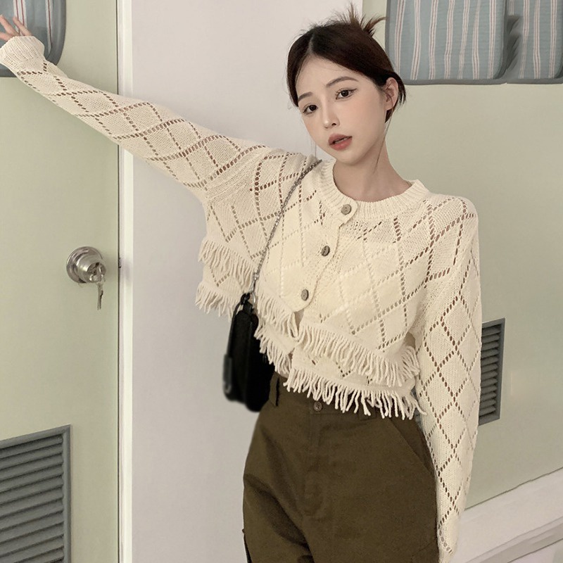 Áo Khoác Cardigan Dệt Kim Phối Tua Rua Thời Trang Hàn Quốc Cho Nữ