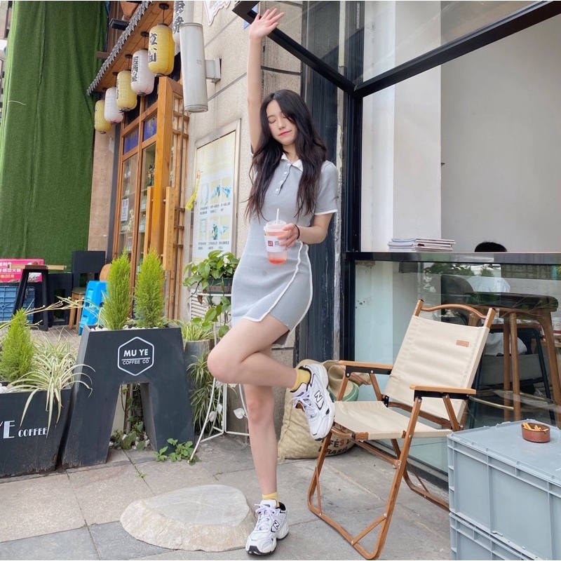 Váy Đầm Len Nữ Body Màu Ghi Xám Cổ Sơ Mi Ngắn Tay Chất Len Co Dãn Phong Cách Năng Động Thể Thao Loại 1