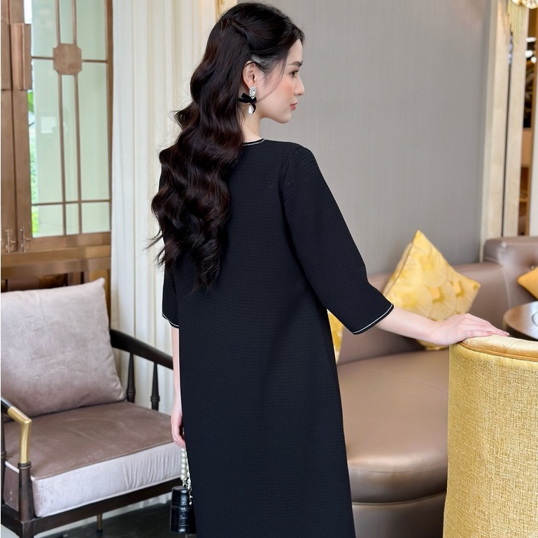 MEDYLA - Đầm bầu dự tiệc thu đông thiết kế 2 lớp đen xốp lót lụa vạt cổ viền trắng cho bầu đi chơi, du lịch - VS1141