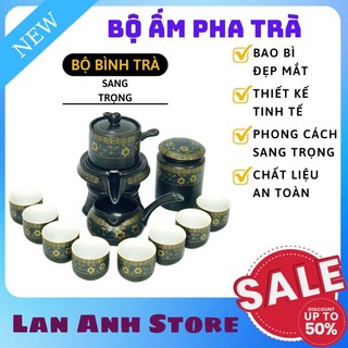 Bộ ấm pha trà cối xay hoa văn lòng chén trắng được chế tác từ gốm sứ cao cấp tặng kèm hộp quà và túi xách