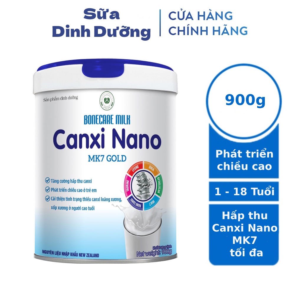 Sữa tăng chiều cao Canxi Nano MK7 900g, Sữa tăng chiều cao cho bé - giúp hấp thu canxi từ 1 đến 18 tuổi