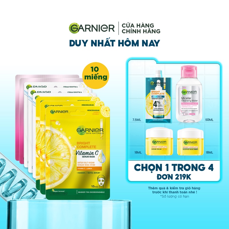 Combo 10 mặt nạ giấy mờ thâm, dưỡng sáng, thanh lọc dành cho da sạm Garnier Serum Mask