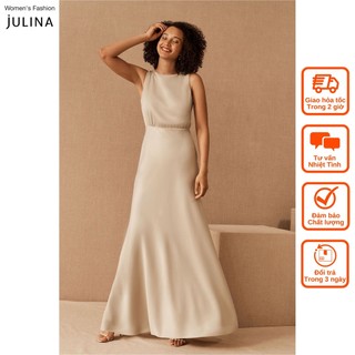 Đầm xòe maxi sát nách satin màu trắng hồng sang trọng dự tiệc Julina (không mác) jf724