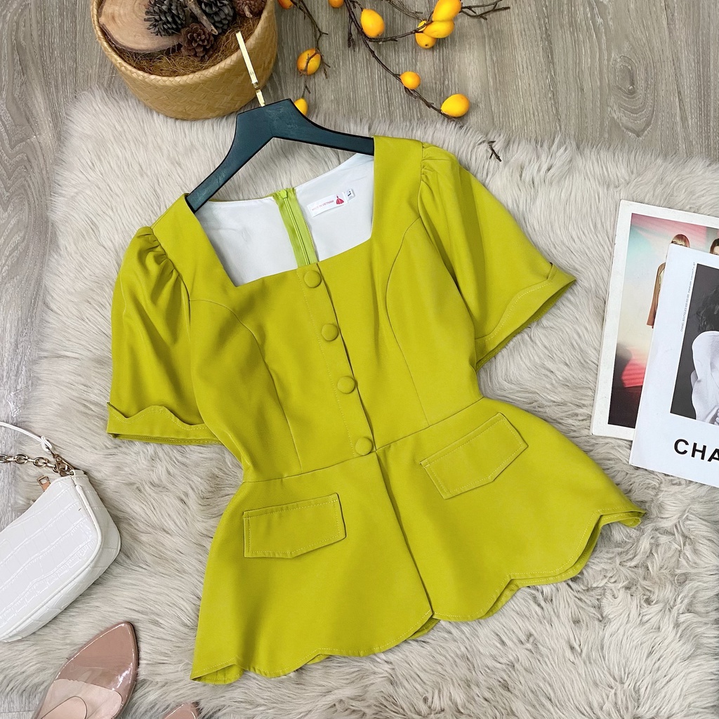 Áo Kiểu Bigsize, Áo Peplum ,Áo Cổ Vuông Viền Răng Cưa 2 túi Dành Cho Người Mập 50-90kg