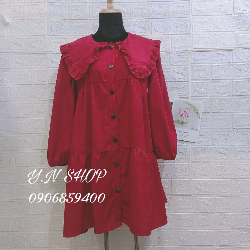 Váy Đầm Babydoll Cổ Bèo Tay Dài Tiểu Thư Chất Nhung Tăm
