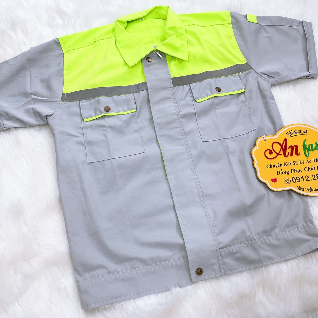 Đồ bảo hộ lao động, Quần áo công trình vải kaki may đẹp màu xám phối xanh tay ngắn _ Hình chụp thật