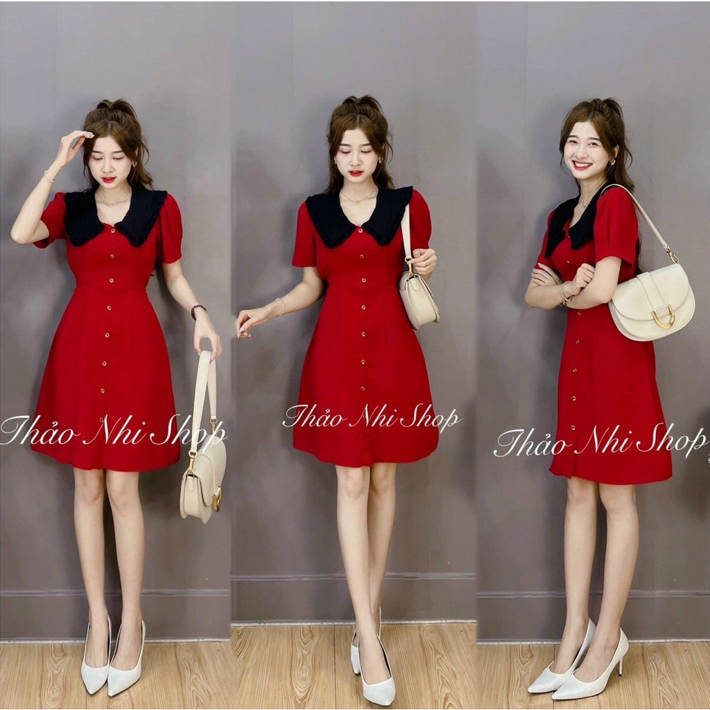 Đầm Váy Nữ Chất Xốp Gạo Phối Cổ Bèo Cột Nơ Eo Cài Nút Thật Thiết Kế Sang Chảnh Đi Làm Công Sở, Dạ Hội Và Du Lịch