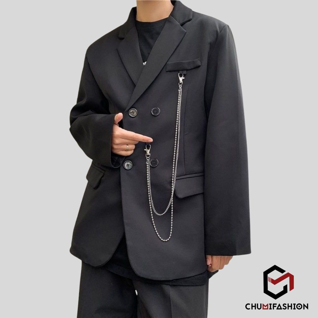 Áo blazer nam CHUMI form rộng unisex có kèm phụ kiện dây xích phong cách hàn quốc blz 283