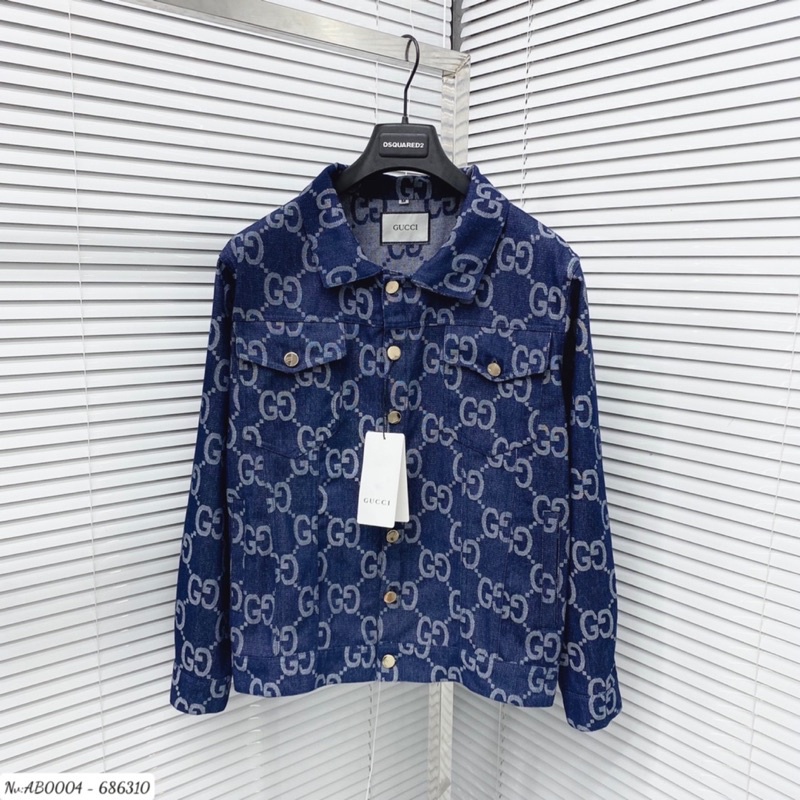 Áo khoác denim jacket bò nam nữ hoạ tiết dệt chữ xích chéo monogram màu xanh thẫm dày dặn sang chảnh