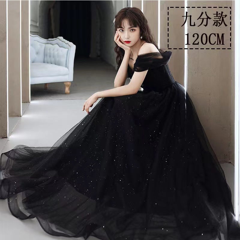 Đầm Dự Tiệc Trễ Vai Dáng Ôm Màu Đen Đính Kim Sa Lấp Lánh Sang Trọng