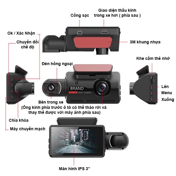 Camera hành trình ô tô 360 độ, 2 camera ghi âm ghi hình 1080P hồng ngoại ban đêm siêu nét, màn hình 3inch