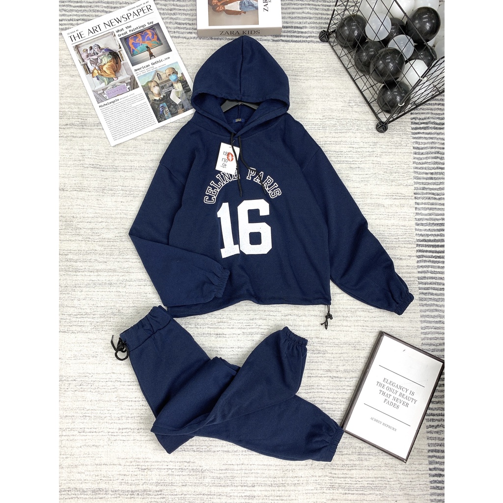 BỘ Nỉ Nữ - - Áo hoodie kèm quần jogger thu đông, Chất nỉ cotton, Lót bông dày dặn