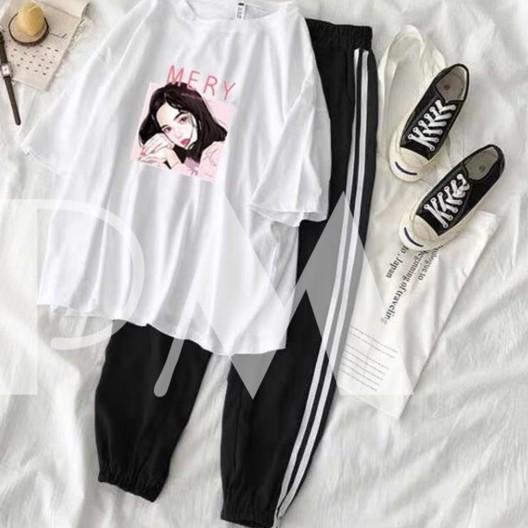 Set Bộ Đồ Nữ Mặc Đi Chơi, Dự Tiệc Mùa Hè, Áo Phông Cotton Mát Mịn In Mery Kèm Quần Thun Bo Gấu Teen Hàn Quốc