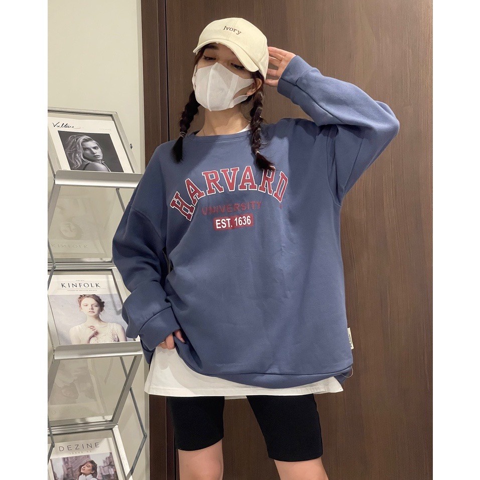 Áo sweater in chữ HARVRD áo sweater tay bồng chất nỉ ngoại dày dặn form rộng freesize unisex ảnh thật | BigBuy360 - bigbuy360.vn