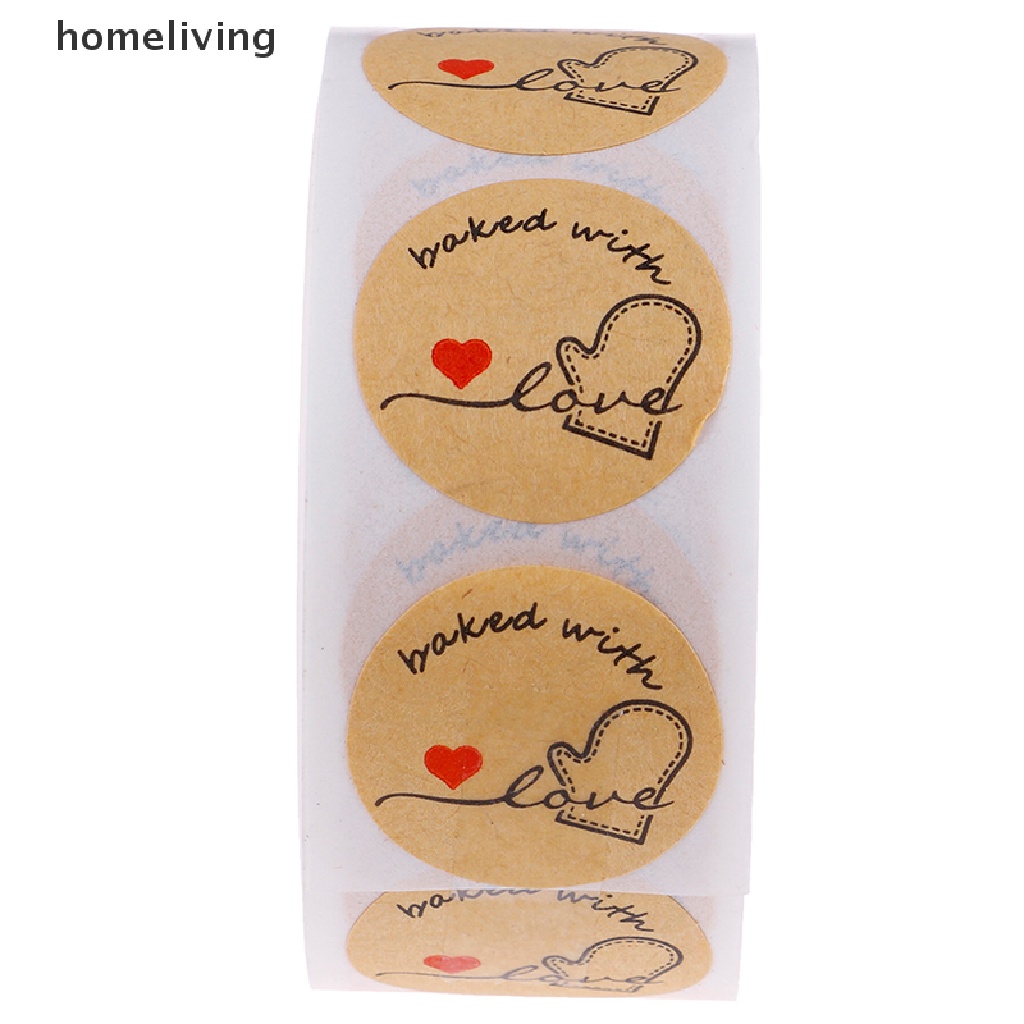 Cuộn 500 Miếng Dán Trang Trí Hình Tròn Bằng Giấy Kraft Tự Nhiên In Chữ Baked with Love