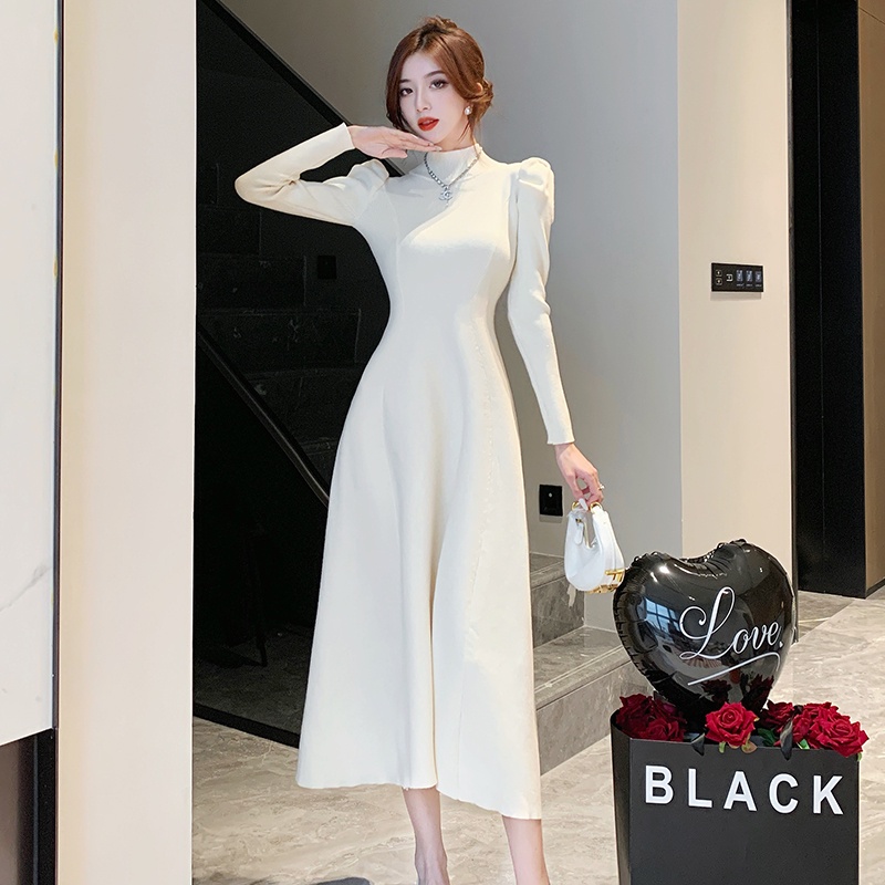 Đầm Len Dài Qua Gối Tay Dài Phồng Màu Trơn Thời Trang Cho Nữ