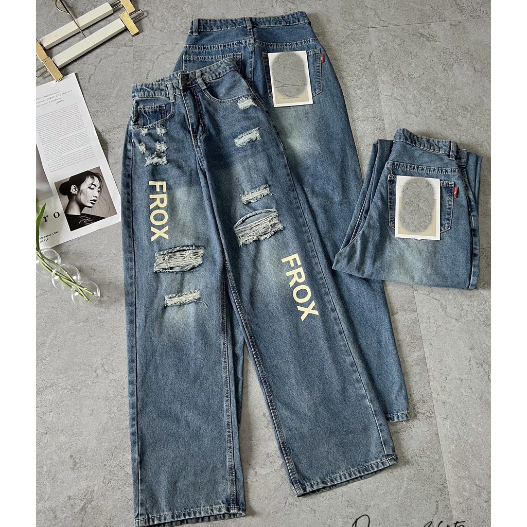 [ ORDM3605 ] QUẦN JEANS ỐNG RỘNG NỮ LƯNG CAO RÁCH CÀO ĐÙI PHỐI CHỮ FROX MÀU XANH ĐẬM LAI CUỐN TÔN DÁNG | BigBuy360 - bigbuy360.vn