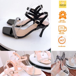 -giày sandal cao gót nữ đế nhọn 7-9 phân quai đá mảnh 2 mau đen kem