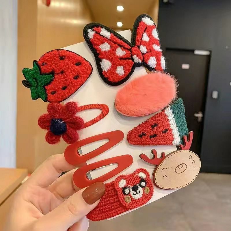 Set kẹp tóc phủ lông hình trái cây, nơ, bông hoa, lá phong cách Hàn Quốc