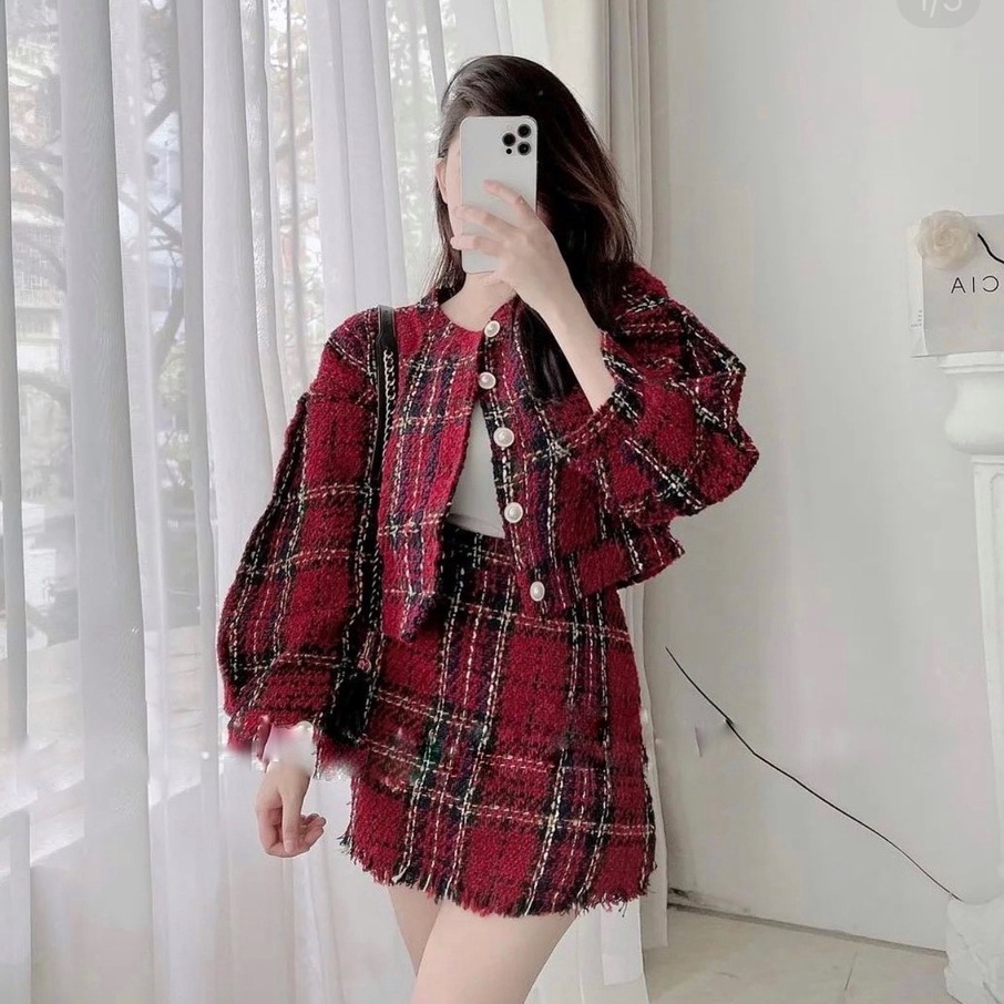 Set dạ đỏ tweed Quảng châu 2 lớp Ulzzang, Set váy dạ tweed kẻ đỏ