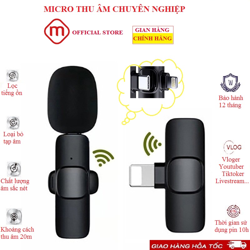 Micro thu âm không dây giảm tiếng ồn cổng lightning/ phát video trực tuyến/ livestreamer/ bán hàng online/ dậy học