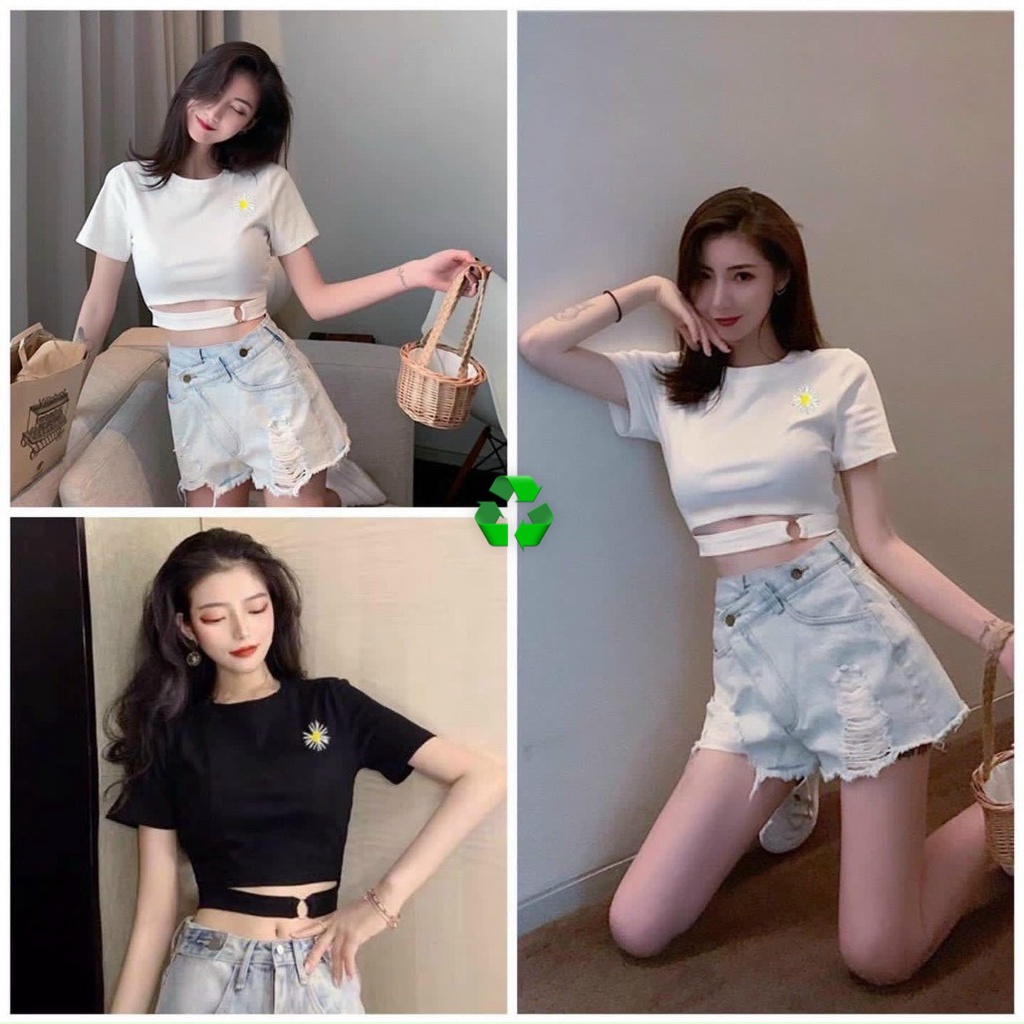 Áo croptop khoen dây bụng thêu hoa ngực