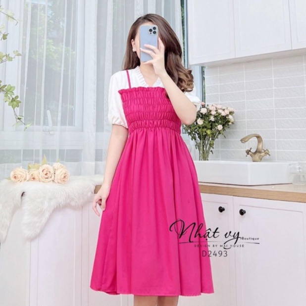 Đầm bầu đi chơi dáng xoè Maihouse tay bí cổ v xếp ly bo thun ngực chất cotton phù hợp dạo phố cafe sang chảnh - D2493