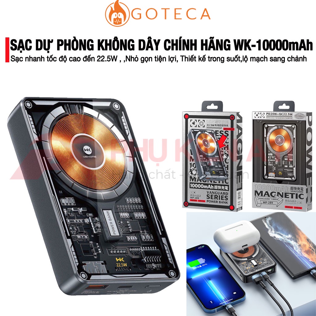 Pin sạc dự phòng không dây trong suốt WEKOME 22.5W dung lượng 10.000 mAh thiết kế độc đáo cho điện thoại iP