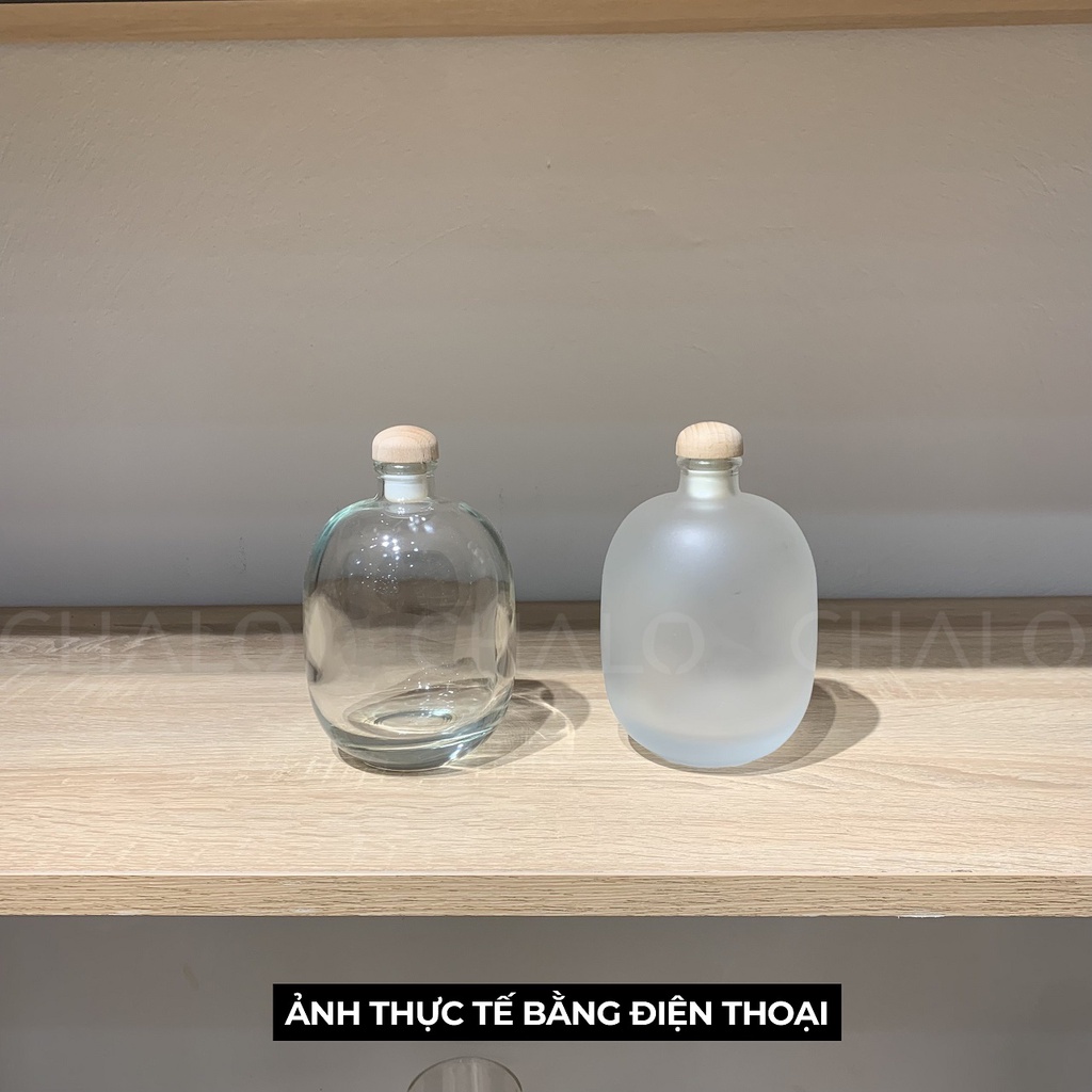 Chai thủy tinh tròn phun mờ &amp; trong suốt nắp gỗ 500ml (Chai trơn) - CTPM500-NG