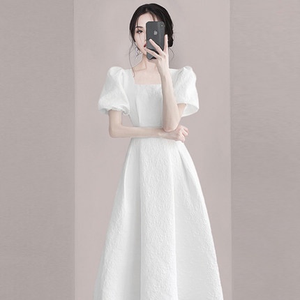 Đầm Cổ Vuông Dự Tiệc Midi Dáng Dài Tay Phồng Tiểu Thư Thanh Lịch