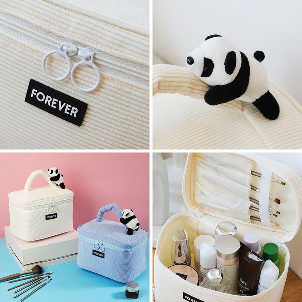 Túi Đựng Mỹ Phẩm Xách Tay Cỡ Lớn Bằng Vải Nhung Kẻ In Hoạt Hình Gấu Trúc Dành Cho Bạn Gái