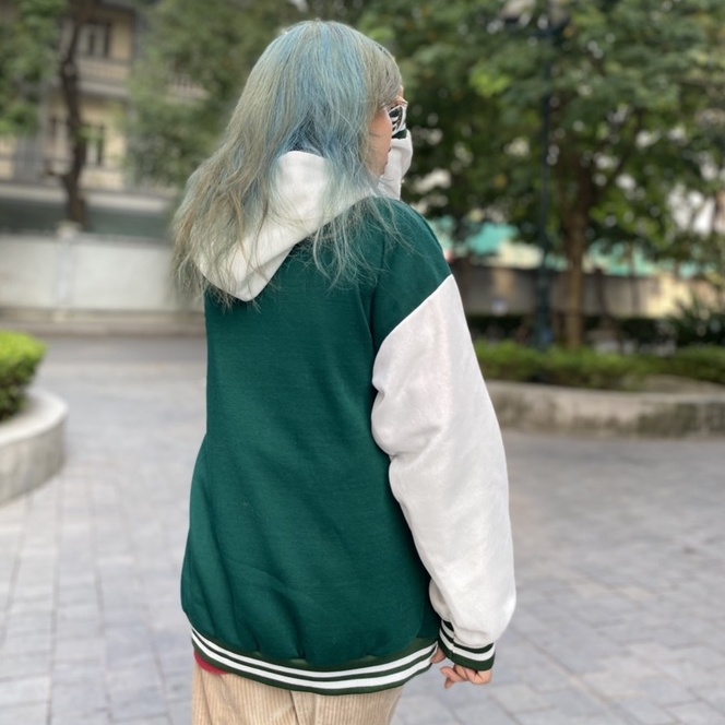 Áo Bomber Unisex Phối Mũ 2 Lớp Form Rộng Chất Nỉ Dày,Áo Khoác Bóng Chày Có Mũ Nam Nữ Màu Xanh Trendy Phong Cách Thể Thao