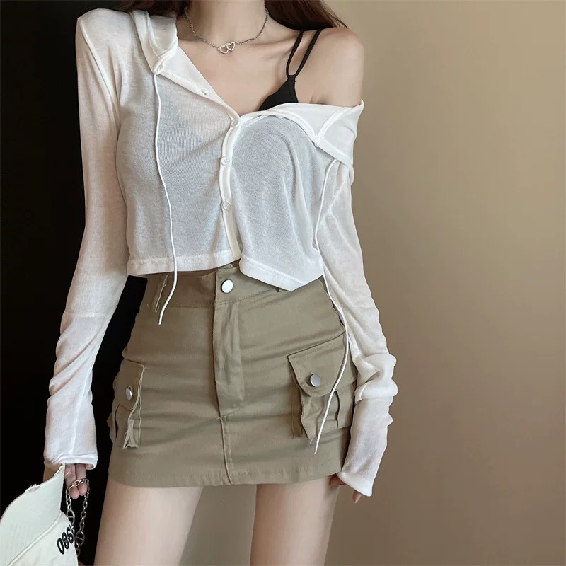 SET 3 MÓN: ÁO 2 DÂY ĐEN LÓT + ÁO KHOÁC MỎNG + CHÂN VÁY XANH ĐẬU TÚI HỘP