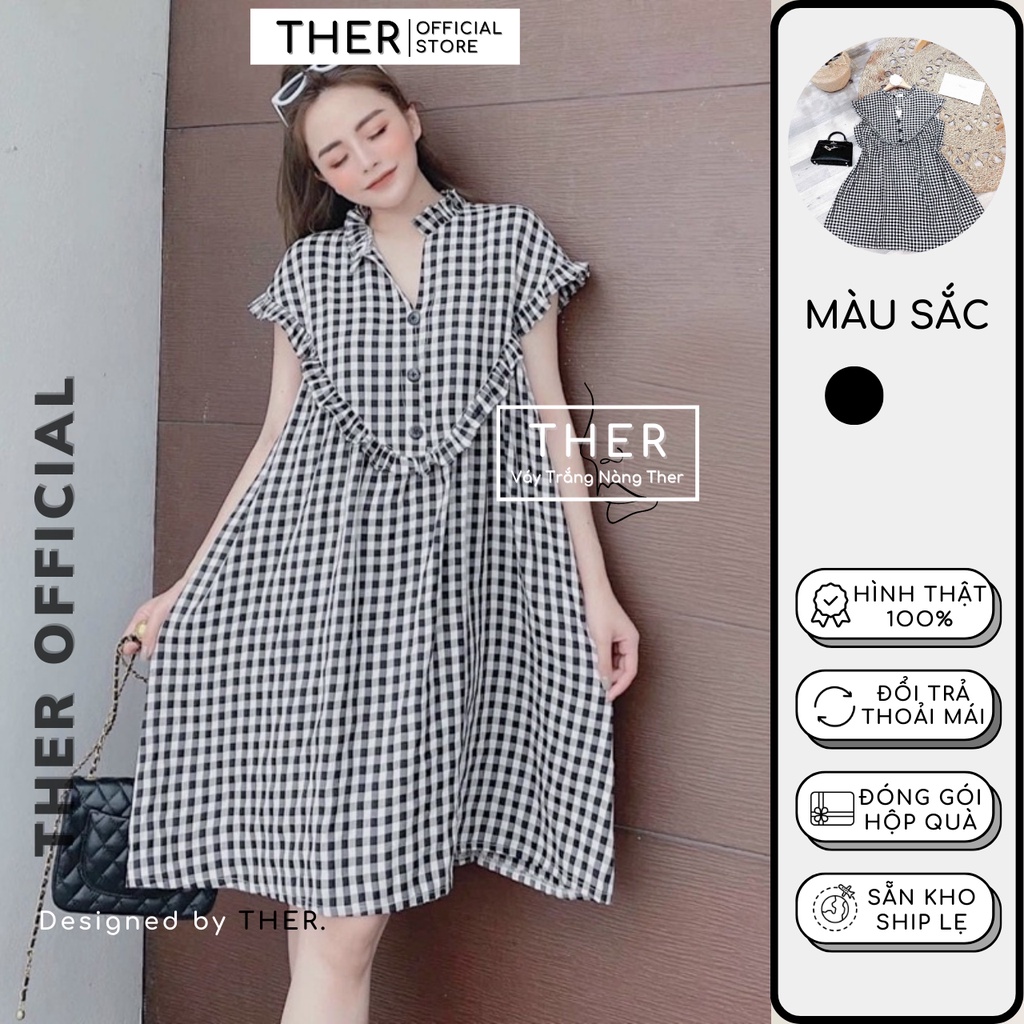 Đầm Nữ Dạo Phố Cổ V Viền Bèo Form Ngắn Xoè Thời Thượng, Đầm Nữ Tay Con Phối Bèo Caro Đen (Kèm Ảnh Thật)