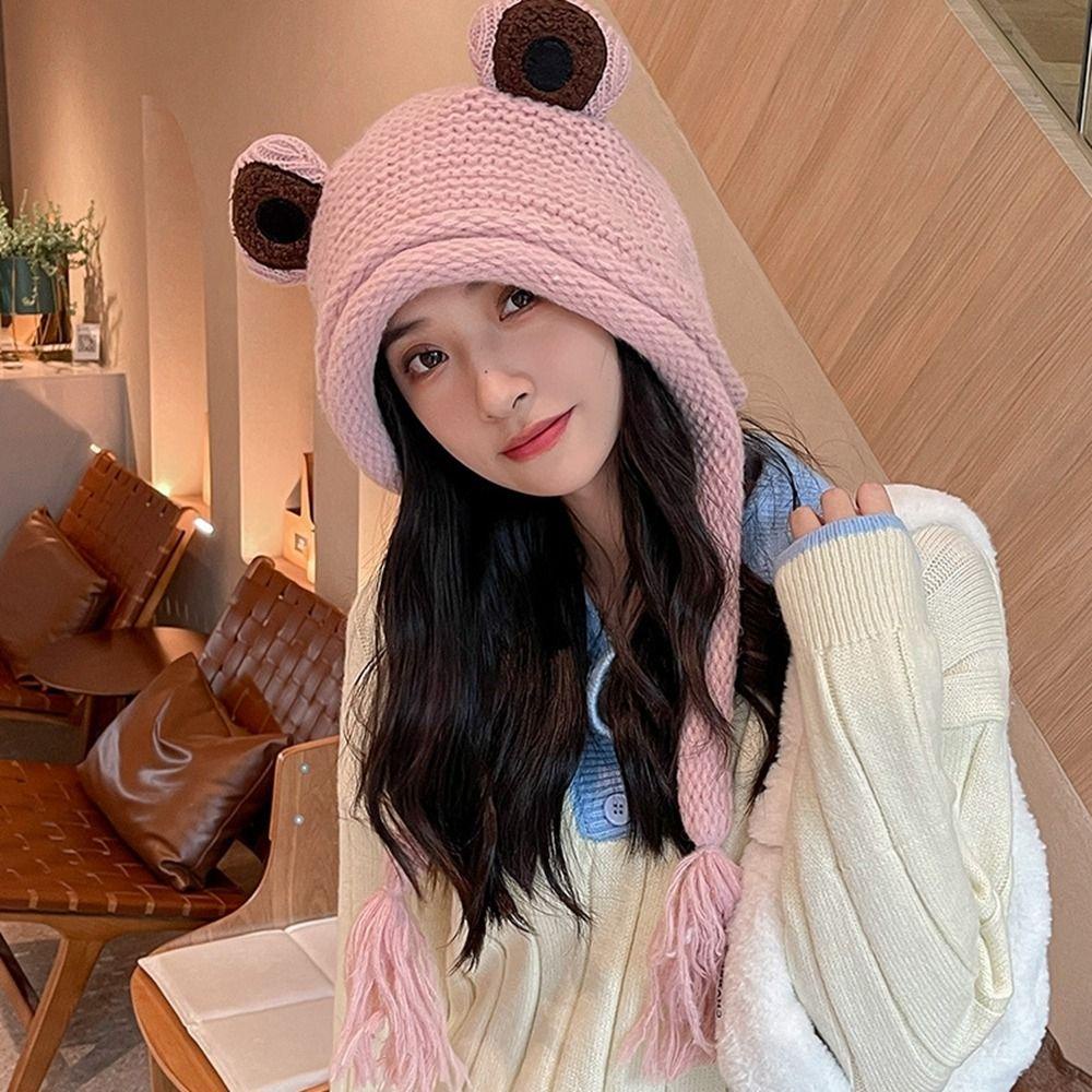 Mũ Len Dệt Kim Hình Chú Ếch Lấp Lánh Bảo Vệ Tai Độc Đáo Phong Cách Hàn Quốc
