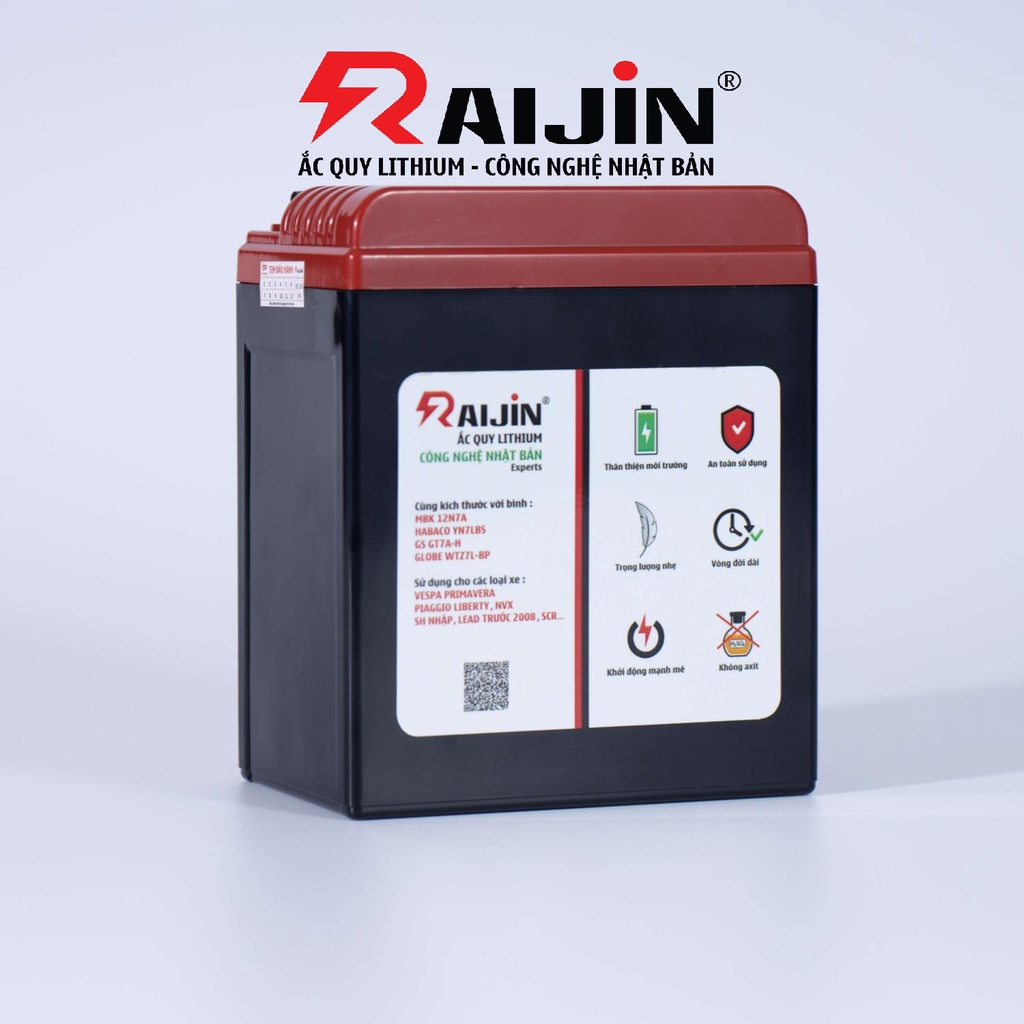 Bình ắc quy xe máy lithium RAIJIN Experts L công nghệ Nhật Bản điện áp 12v-7ah, chuyên dùng cho xe độ đèn dưới 150 Watt