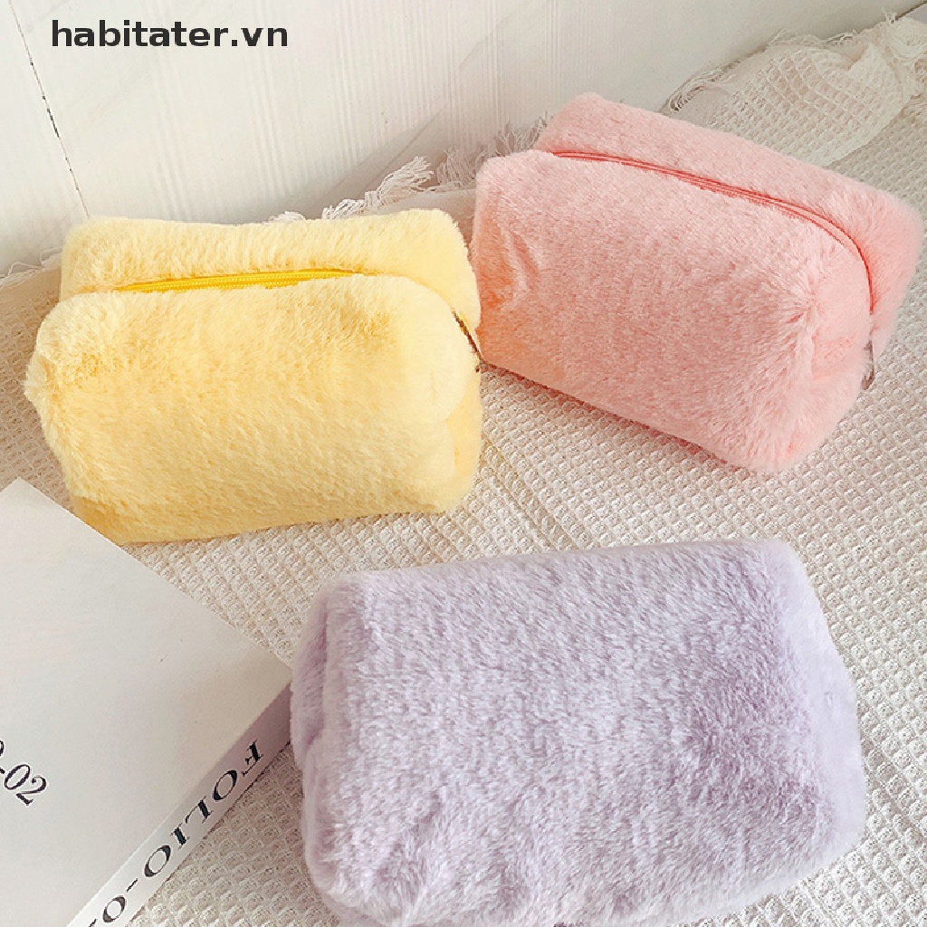 Túi Đựng Cọ Trang Điểm Lông Mềm Màu Trơn Cho Nữ