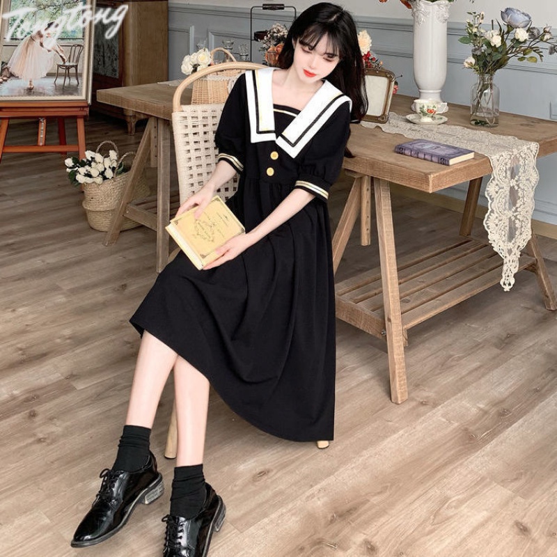 Hepburn Preppy Rui Đầm Dáng Dài Cổ Thủy Thủ Ôm Eo Cỡ Lớn mm Phong Cách Retro Pháp Cho Phụ Nữ Tuổi Teen QXWN