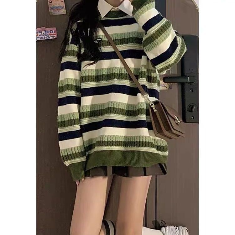 ✅Áo Sweater Dệt Kim Dáng Rộng Họa Tiết Kẻ Sọc Màu Xanh Lá Phong Cách Retro Mỹ Chất Lượng Cao Thời Trang Xuân Thu Cho Nữ
